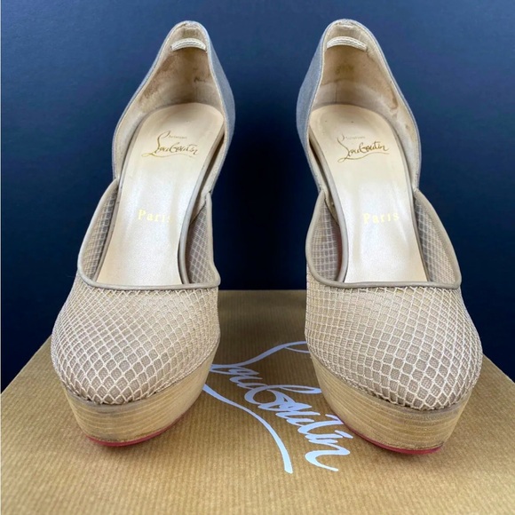 Christian Louboutin Aragna Nude Fishnet Heels Sz 38/7.5 with Sole Guard and Box - Picture 2 of 10